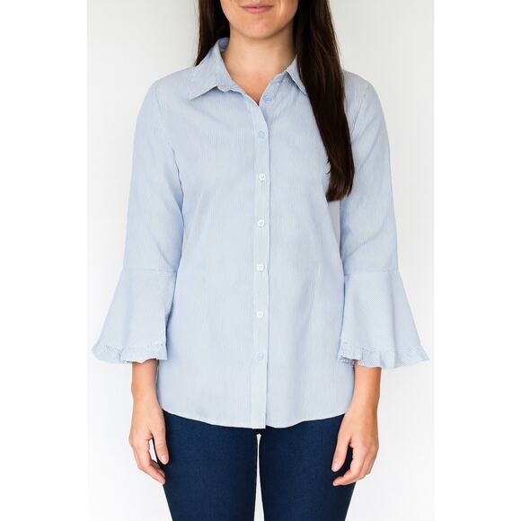 Blue White Striped Bell Sleeve Button Down Shirt Classic Office Chic Top 14 - Picture 1 of 9